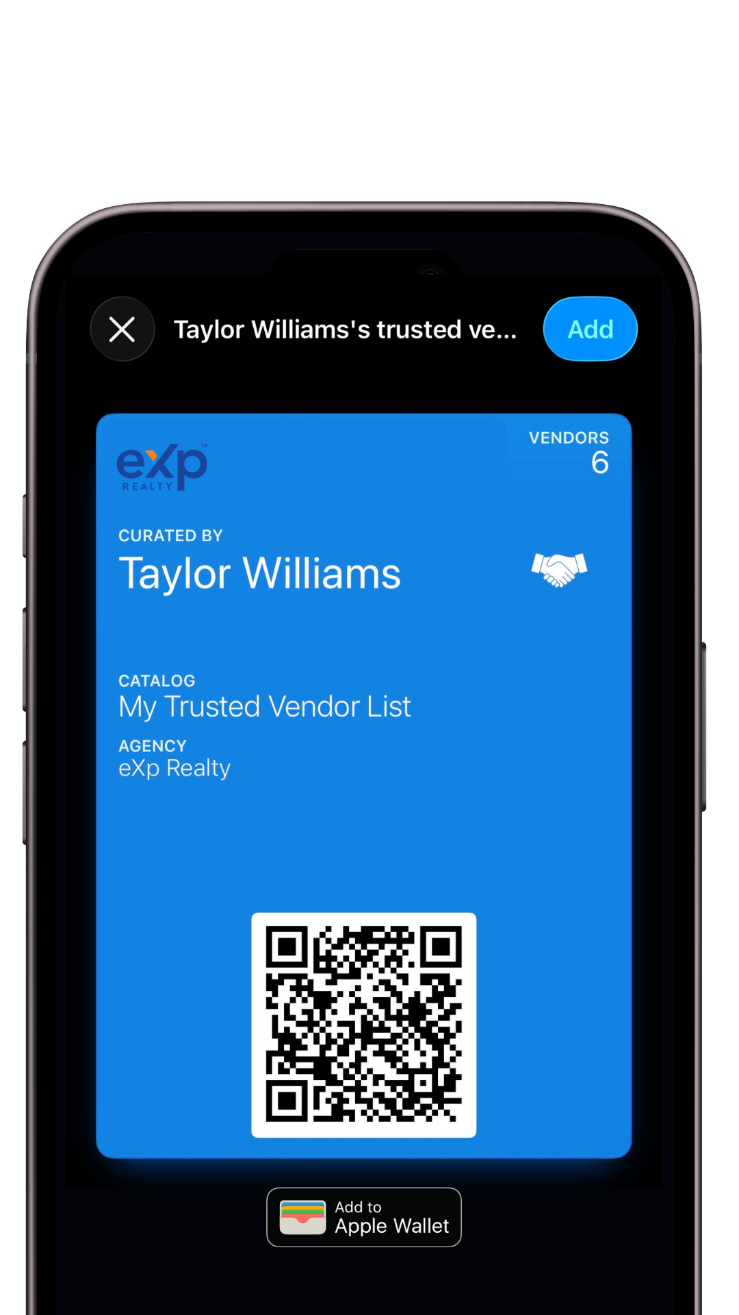 Sample Apple Wallet catalog pass for Taylor Williams and eXp Realty