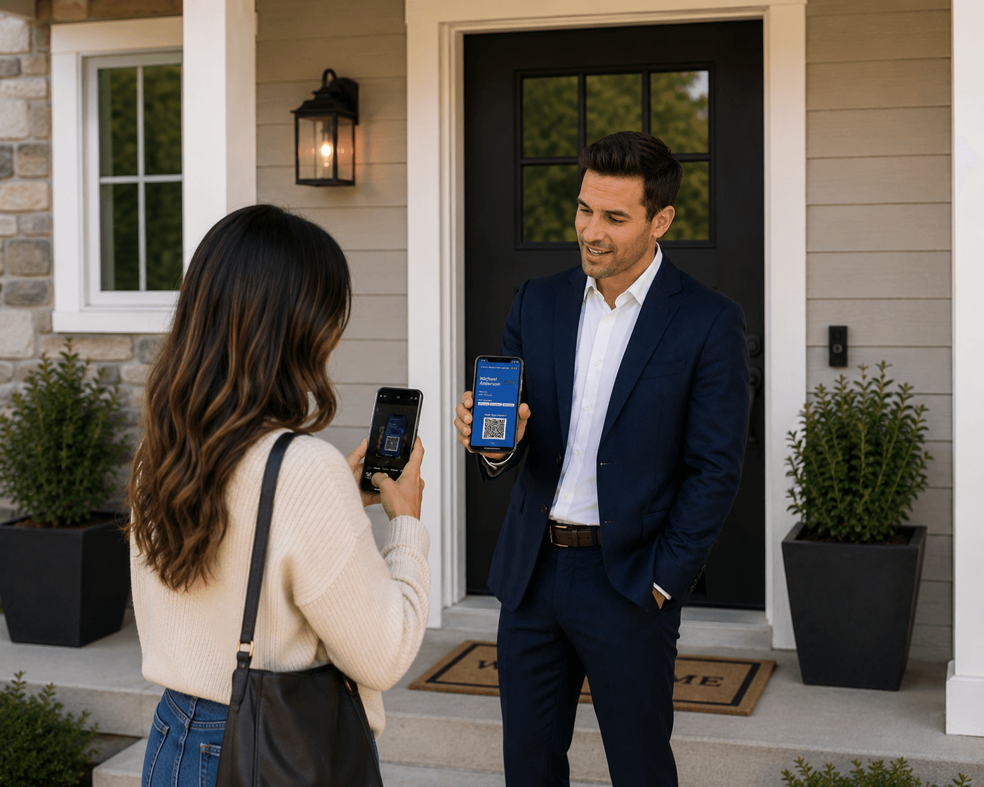 A realtor sharing a ReferToday referral link at a front door